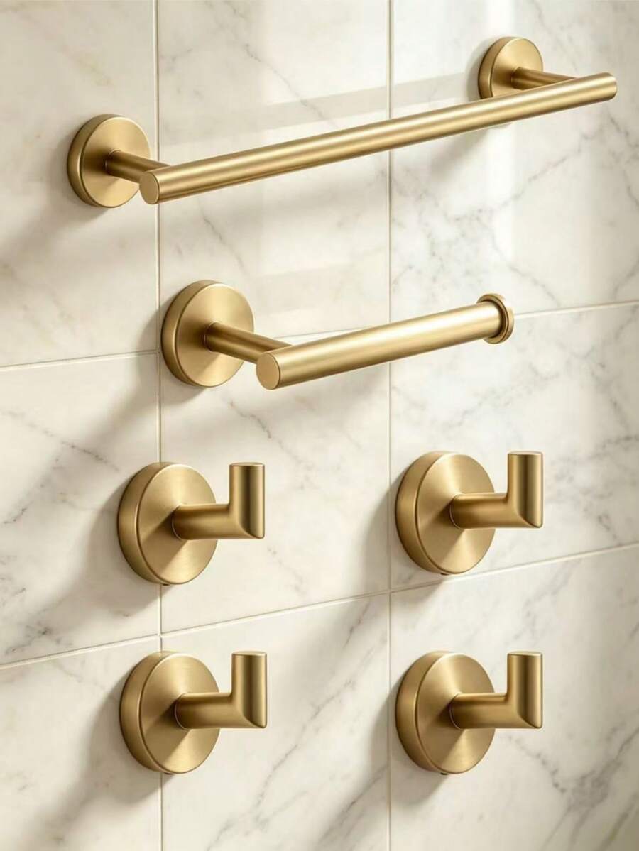 Bathroom Towel Bar Installation Set, Includes 1 Towel Bar, 1 Toilet Paper Holder And 4 Hooks, Total 6 Pieces - Multicolor - View 1