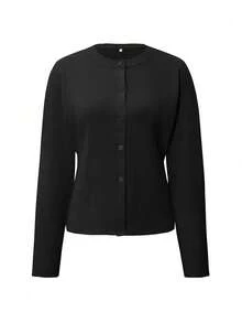 Plus Size Women's Button-Up Long Sleeve Cardigan, Winter Casual Business Jacket, Suitable For Outdoor Wear, Black - Black - View 3