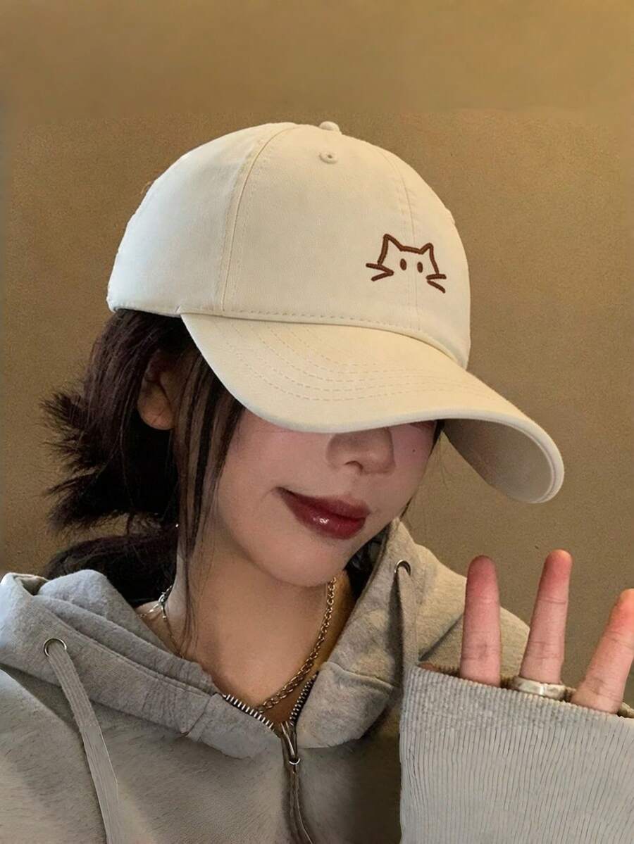 1PC 2026 New Embroidered Cat Wide Brim Sun Hat, Vintage Sun Protection Baseball Cap, Outdoor Fashion Minimalist Baseball Cap, Adjustable Ponytail Baseball Cap