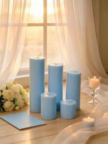7.87 Inch - 1.97 Inch Blue Vertical Striped Cylindrical Candles, Multiple Sizes, Birthday Gift, Luxury Decor, Room Decor, Autumn Decor, Bedroom, Halloween, Christmas - Blue - View 8