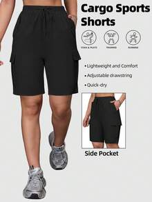 Women's Lightweight Multi-Pocket Khaki Shorts, Summer Drawstring Elastic Waist Comfortable Casual Sports Golf Loose Shorts - Black - View 1