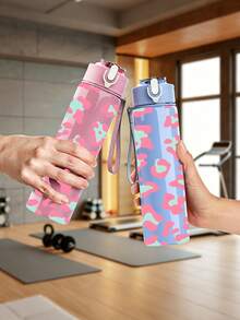 1pc/5pcs 750ml Soft Pink Leopard Print Sports Water Bottle, Flip Lid Design, Reusable Lightweight Leak-Proof Portable Travel Drinking Cup, Suitable For Daily Use And Outdoor Sports - Multi-color - Blue Leopard Print - View 5