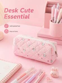 1pc Macaron Color Argyle Pattern Cartoon Rabbit Pencil Case, Sweet Floral Rabbit Stationery Storage Bag, Zipper Portable Soft Fabric Pencil Pouch, Suitable For Teenagers Classroom Daily Storage, Perfect Gift For Students, Multi-Functional Storage Bag, Back To School Essential - Cartoon Animal Pencil Case - View 4