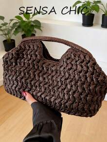 Fashionable New Handbag With Hand-Woven Craftsmanship, Perfect For Summer Beach Use. 13.4*4.3*7.9in Woven Bag Suitable For Various Occasions, Such As Shopping, Work, Parties, And Dates. - Coffee - View 1