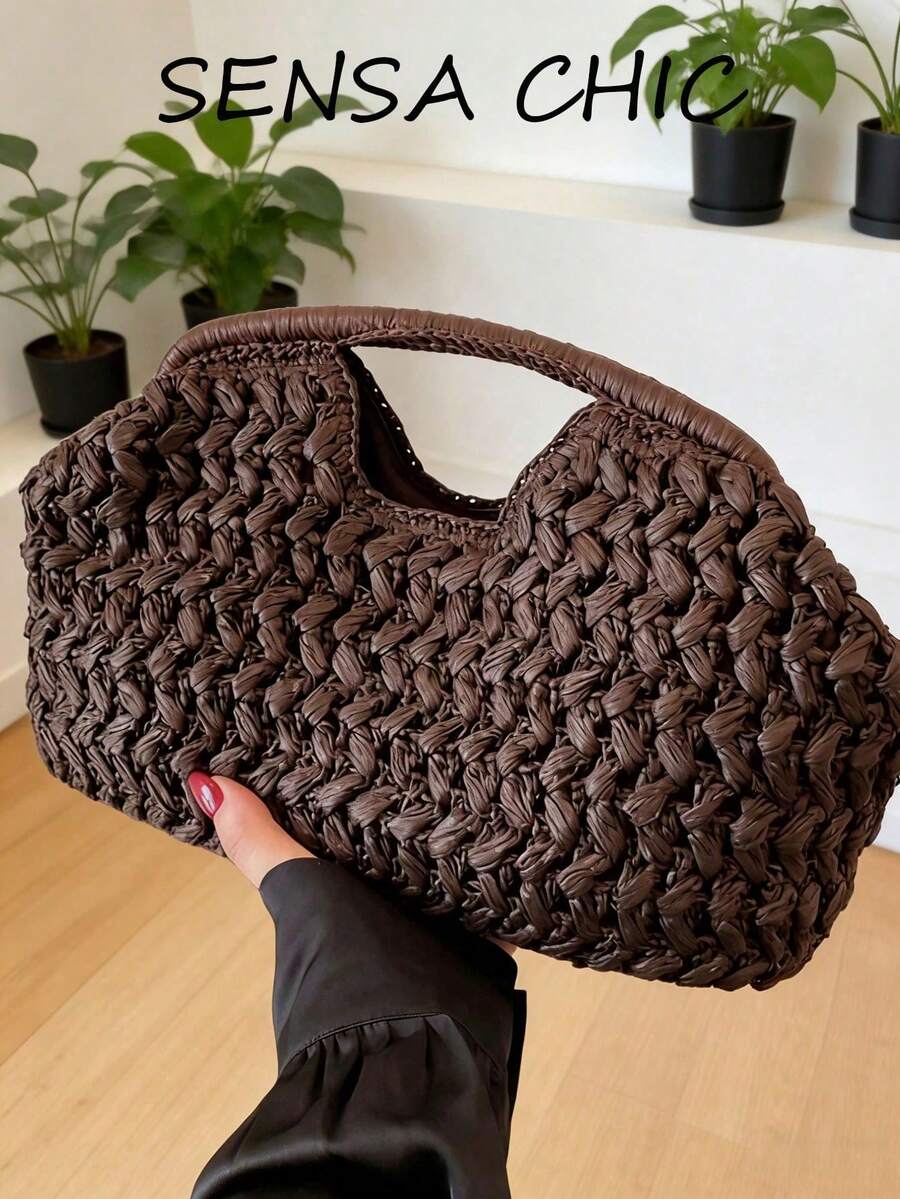 Fashionable New Handbag With Hand-Woven Craftsmanship, Perfect For Summer Beach Use. 13.4*4.3*7.9in Woven Bag Suitable For Various Occasions, Such As Shopping, Work, Parties, And Dates. - Coffee - View 1