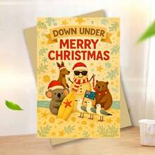 1 Greeting Card + 1 Envelope Cheerful Australian Christmas Greeting Card, Beach Animals With Surfboard "Down Under Merry Christmas", For Friends, Summer Holiday Vintage Style Festive Card. - View 6