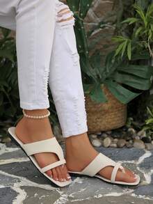Women's Fashion Square Toe Open Toe Thong Slide Sandals, Comfortable Slip-On Daily Hot Girl Style - Beige - View 3