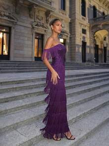 LOVE&LEMONADE Purple Off-Shoulder Sequin Tassel Long Evening Gown - Purple - View 5
