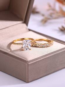 2pcs/Set Fashion European & American Style Princess Square 4-Prong Main Diamond Stackable Ring Set, High-End Proposal Engagement Commute Accessory, Holiday Gift - Yellow Gold - View 5