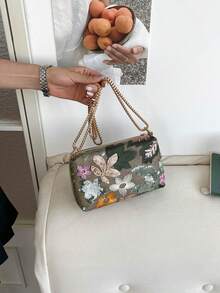新款高級質感大容量中式刺繡小眾設計時尚休閒百搭單肩斜挎包 - 綠色 - 查看 5