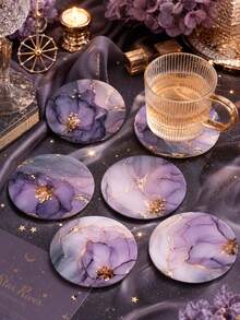 1/6/12pcs Purple Gold Rim Marble Floral Wooden Coasters, Alcohol Ink Abstract Floral Round Drink Coasters, Heat-Resistant Desktop Protection Coasters, Aesthetic Modern Home Kitchen Office Decor, Elegant Housewarming Gift - Purple - View 6