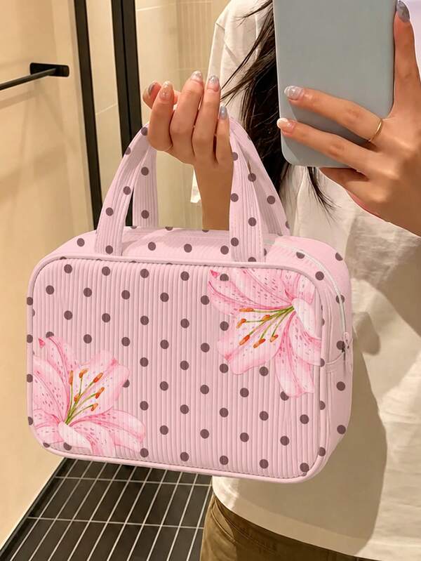 New Polka Dot Makeup Bag, Toiletry Bag, Travel Organizer Bag, Lightweight Portable Handheld Travel Makeup Storage Bag, Toiletry Bag, Fresh Daily Storage Bag, Compact Portable Style, Corduroy Material, Polka Dot Print Decoration, Top Handle Makeup Bag, Minimalist Casual Large Capacity Commuter Bag, Fashion Polka Dot One Shoulder Handbag, Suitable For Daily Wear