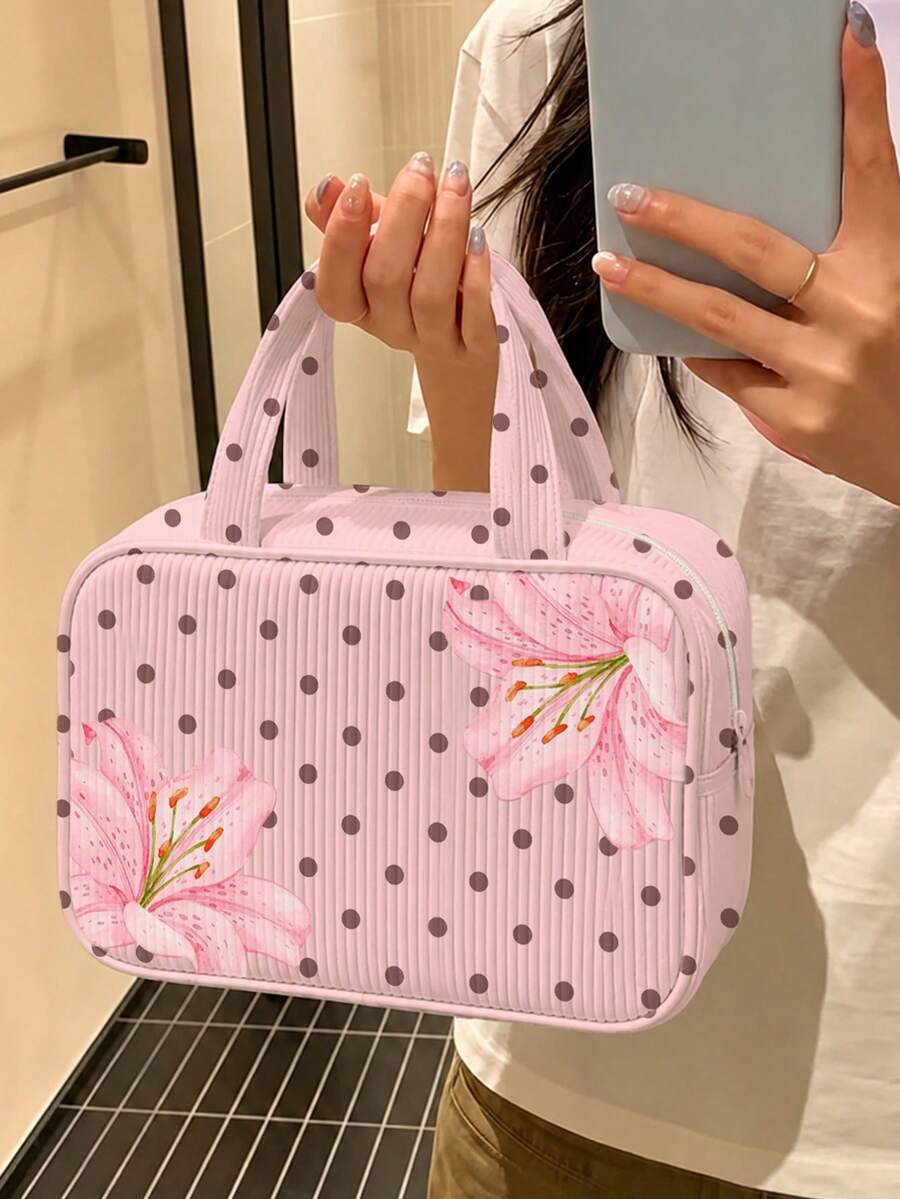 New Polka Dot Makeup Bag, Toiletry Bag, Travel Organizer Bag, Lightweight Portable Handheld Travel Makeup Storage Bag, Toiletry Bag, Fresh Daily Storage Bag, Compact Portable Style, Corduroy Material, Polka Dot Print Decoration, Top Handle Makeup Bag, Minimalist Casual Large Capacity Commuter Bag, Fashion Polka Dot One Shoulder Handbag, Suitable For Daily Wear - Multicolor - View 1