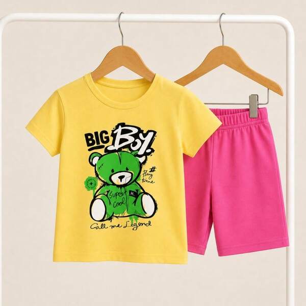 Conjunto Menina Infantil Blusa + Bermuda Ursinho 100% Algodão Estampado Verão Roupa Infantil Confortável 1 2 3 Anos