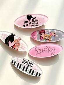5pcs Japanese Vintage Sweet Style Pink Piano Note Side Hair Clips Lucky Girl Versatile Bangs Hair Accessory (Protective Film On Product Surface) - Multicolor - View 3