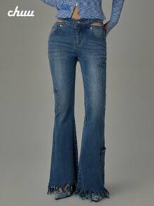 Chuu Celana Jeans Model Flare dengan Banyak Saku dan Rumbai untuk Musim Gugur - Biru - View 3