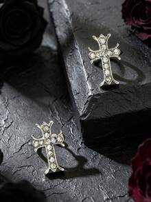 2 piezas Juego de ganchos para orejas de aleación de zinc con cruz, ganchos para orejas personalizados - Plateado - Ver 4
