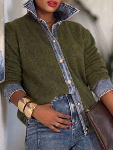 Women's  Knit Denim Panel Collared Cardigan: Long Sleeve Button Front - Ideal For Daily, Commute, Outings & Women's New Year Outfits - Olive Green - View 5