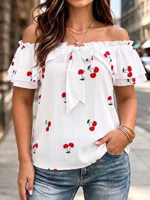 Plus Size Cherry Print Cute Off-Shoulder Top With Belt Bow Decor And Ruffle Hem, Autumn Daily Wear - Multicolor - View 3