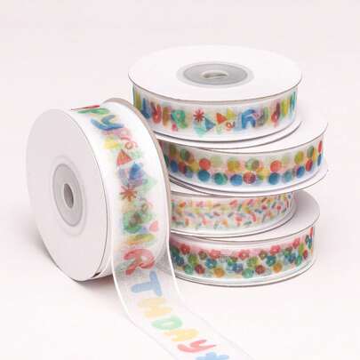 Birthday Ribbon Tulle Tape Round Polka Dot Rainbow Happy Birthday Children Cake Packaging Gift Box Ribbon (Length: 25 Yards, Width: 1.5 Cm)