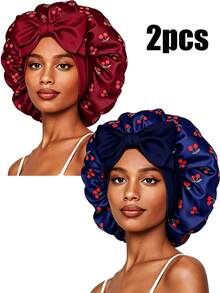 CONFLASS Cherry Patterned Round Bonnet With Bow And Long Ribbon Layers, Silk Tie Sleep Cap, Satin Lined, Suitable For Women's Curly Hair, Braids And Natural Hairstyles - Multicolor - View 10