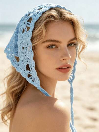 1pc Fashion Knitted Headscarf, Hat, French Country Style Triangle Headband, Handmade Crochet Headband, Towel, Vintage Floral Hollow Knitted Flower Triangle Scarf Headband, Forest Style Girl Sun Protection Hair Band, Country Style Beach Photo Head Accessory, Hair Accessory, Women's Accessory, Suitable For Daily Wear, Party, Birthday, Best Gift For Friends