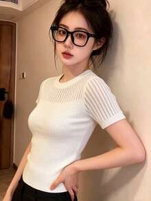 RUIWY 女款白色螺紋針織上衣，圓領短袖半透明鏤空網格細節夏季襯衫，優雅基本修身T恤 - 白色 - 查看 3