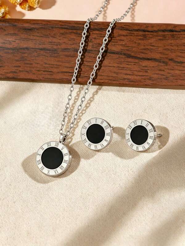 1 Set de Collar y Aretes con Números Romanos de Acero Inoxidable, Regalo para Mujeres, Adecuado para Uso Diario, Vacaciones en la Playa, Verano
