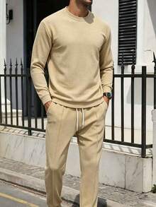 Men's Casual Outdoor Sports Set With Tapered Pants And Crew Neck Long Sleeve - Khaki - View 3