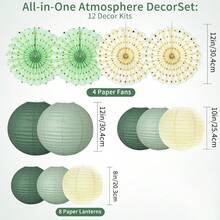 4pcs/12pcs Dark Green, Sage Green Paper Lantern Party Decoration Set, Including Hanging Paper Fans, Suitable For Ceiling, Wall, Patio, Garden And Photo Backdrop, Applicable For Birthday Party Decoration, Wedding Decoration, Shower Decoration, Anniversary, Bridal Shower - B231 - View 6