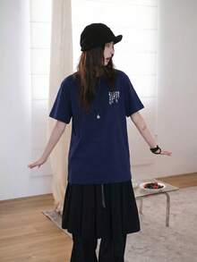 日系印花女款短袖T恤 寬鬆慵懶上衣 Y2K千禧風 百搭顯瘦休閒日常夏季上衣 - 藏藍 - 查看 3