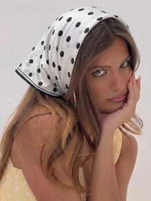 1Pc French Polka Dot Satin Scarf - Women Multi-Way Headscarf Ribbon For Spring Outfits - White - View 2