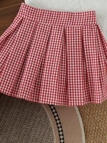 2pcs Baby/Toddler (Girl) Sweet Cool Academy Style Red & White Plaid Collared Bow Long Sleeve Sweatshirt & Skirt Set, Thin Spring/Autumn Back To School - Red and White - View 8