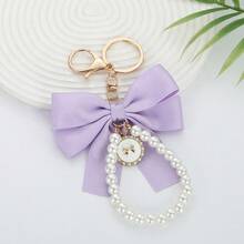 1pc Satin Bow Pearl Keychain, Exquisite Round Rhinestone Pendant Bag Charm, Elegant Handbag Accessory, Women's Style - Multicolor - View 6
