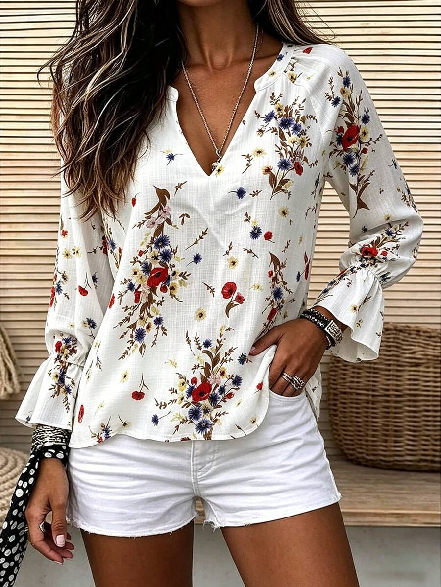 Women's Elegant Floral V-Neck Ruffle Trim Long Sleeve Blouse, Suitable For Tea Party, Travel, And Vacation Wear, Spring/Summer White - White - View 1