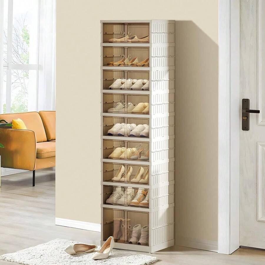Foldable Shoe Rack Storage Rack, Suitable For Wardrobe Plastic Foldable Shoe Storage Box, Transparent Shoe Box, Stackable Door, Easy To Assemble Shoe Cabinet With Lid, Large Size - 查看 1
