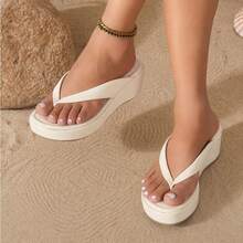 Thick Sole Wedge Flip Flops, Beach Vacation Style Versatile Sandals - Apricot - View 3