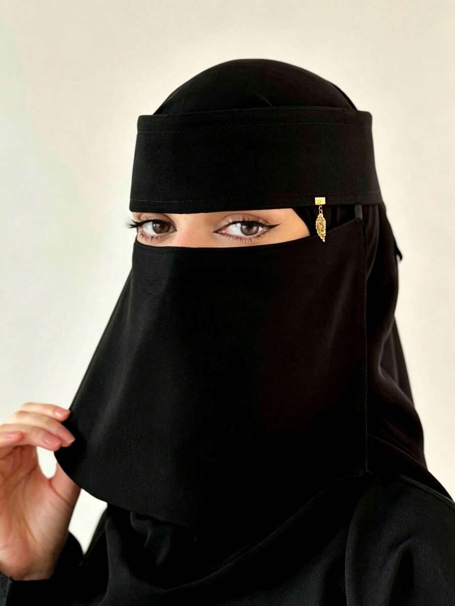 1PC Women's Black & Gold Pendant Niqab, Lightweight Breathable Tie-Up Mask, Premium Handmade Pendant, Suitable For Daily Wear