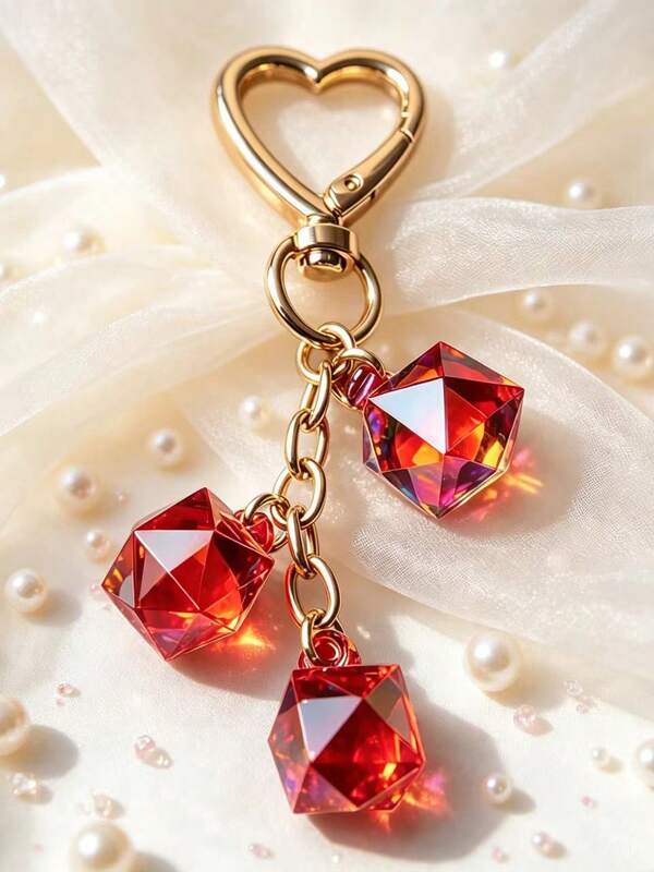 1pc Exquisite Iridescent Polyhedron Crystal Heart-Shaped Keychain Pendant, Luxury Car Keyring, Elegant Women's Bag Charm, Goddess Gift