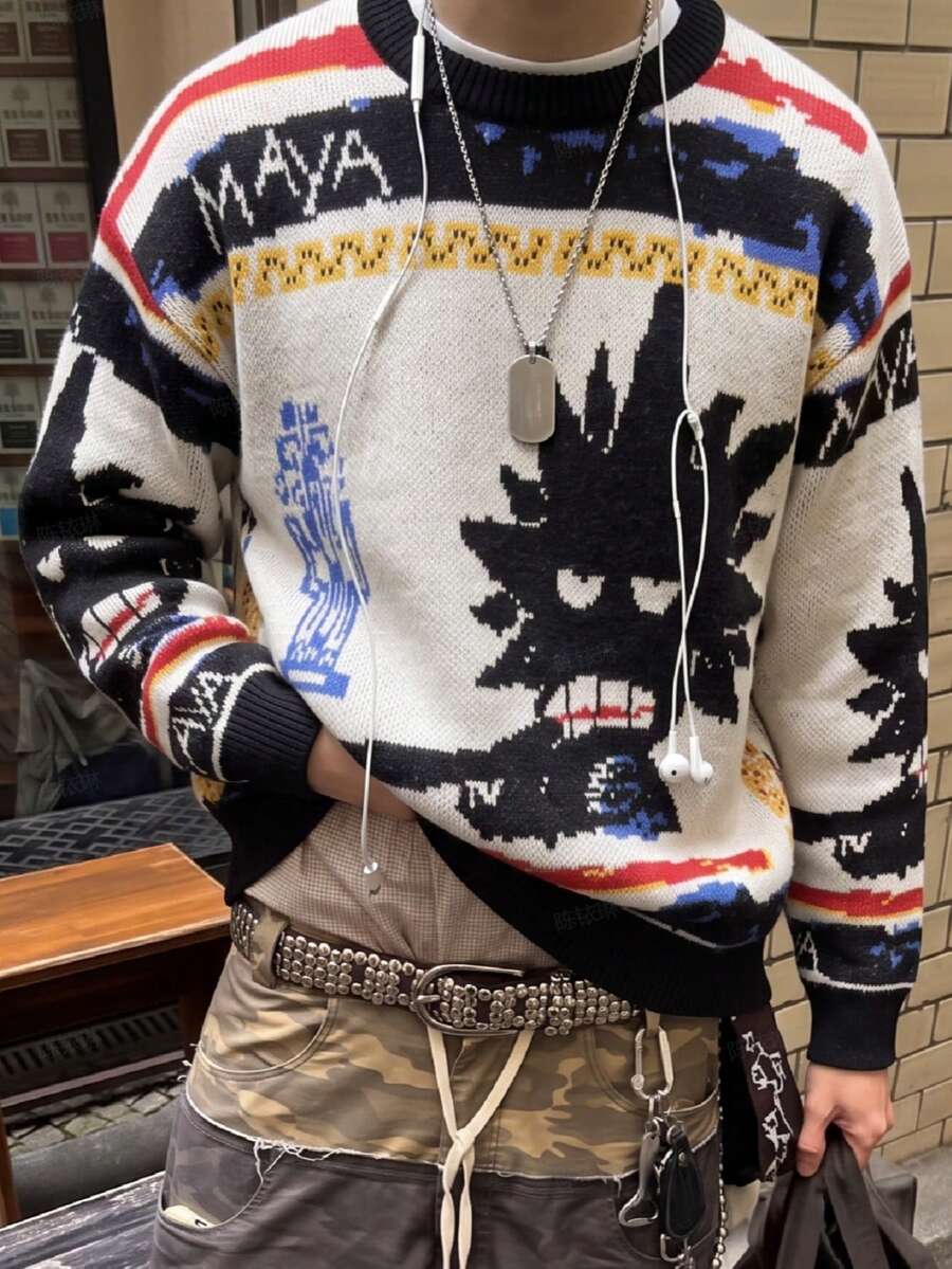 ANDREILEE Casual Loose Fit Crewneck Sweater With Cartoon Character Graffiti Print, Versatile For Spring, Autumn And Winter Seasons, Unisex - Black - View 1