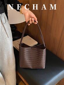1pc Woven Vintage Solid Color Large Capacity Shoulder Bucket Bag Casual Daily Minimalist Tote Bag, Purse, For Women, Work, Quiet Luxury, Essential - Coffee Brown - View 1