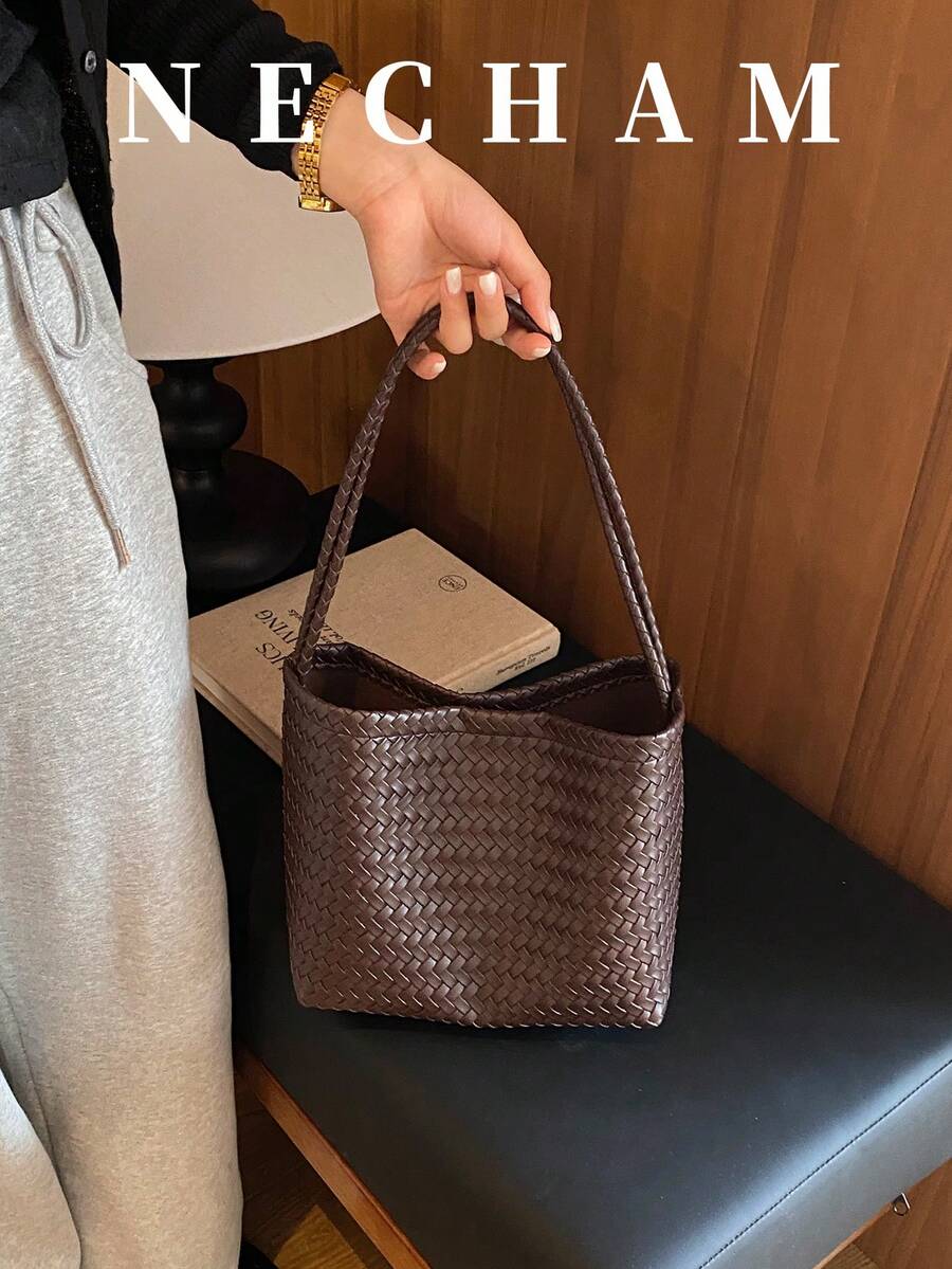 1pc Woven Vintage Solid Color Large Capacity Shoulder Bucket Bag Casual Daily Minimalist Tote Bag, Purse, For Women, Work, Quiet Luxury, Essential - Coffee Brown - View 1
