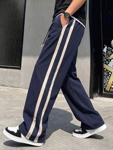 Men's Navy Casual Sweatpants,Drawstring Waist With Beige Side Stripe Design ,Versatile Straight Leg Trousers For Weekend Outings Sports Fall - Navy Blue - View 4