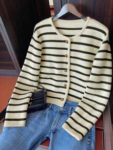 Áo khoác cardigan cổ tròn kẻ sọc thanh lịch, áo len thời trang thường ngày đa năng, áo khoác cổ điển cho nữ, mùa thu - Đen và trắng - Xem 4