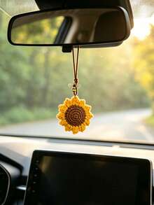 1pc Woven Sunflower & Bee Car Rearview Mirror Hanging Decoration, Car Interior Accessory - A - View 3
