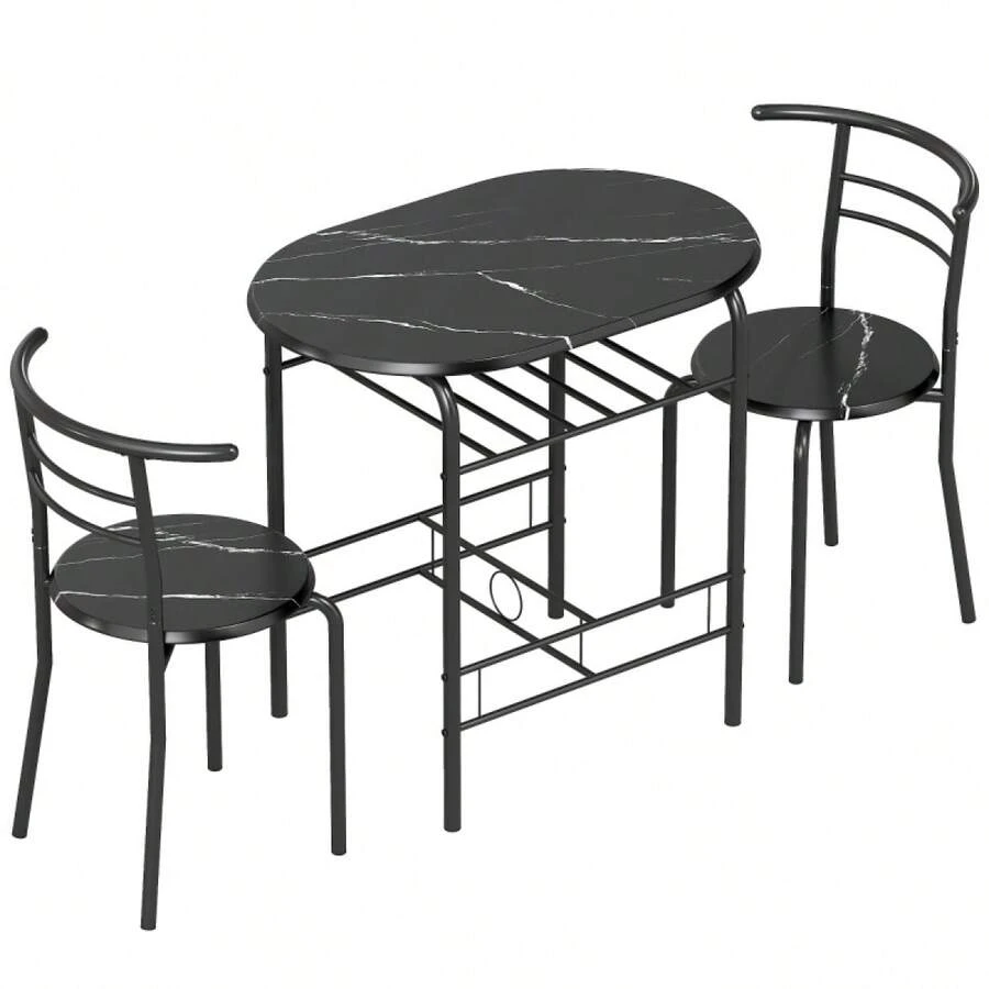 Juego de Comedor de 3 Piezas, Mesa de Cocina y Sillas para 2 Personas con Estante, Sala de Estar, Aspecto Mármol Negro - 1 - Ver 1