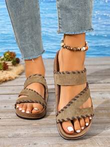 Vintage Distressed Suede Flat Summer Slides, Women's Casual Beach Holiday Outdoor Walking Comfortable Insole Sandals - Khaki - View 3