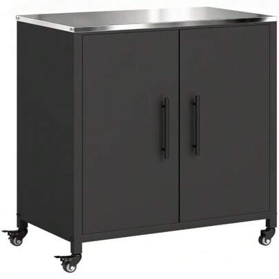 Garden Cabinet With Potting Table, Tool Shed With Removable Stainless Steel Worktop, Magnetic Shelf, Double Door, Roller