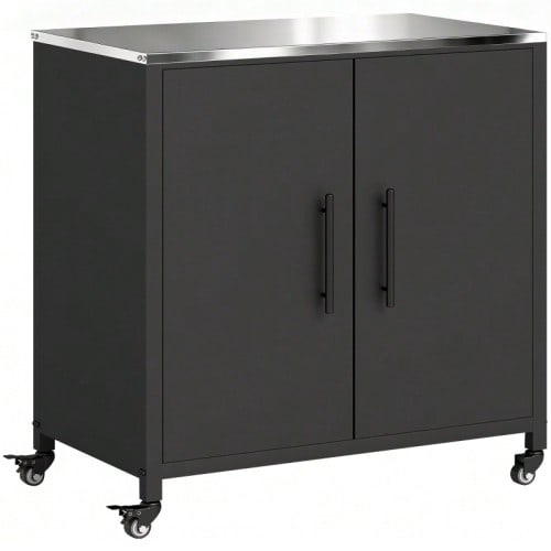Garden Cabinet With Potting Table, Tool Shed With Removable Stainless Steel Worktop, Magnetic Shelf, Double Door, Roller