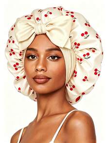 CONFLASS Cherry Patterned Round Bonnet With Bow And Long Ribbon Layers, Silk Tie Sleep Cap, Satin Lined, Suitable For Women's Curly Hair, Braids And Natural Hairstyles - Multicolor - View 7